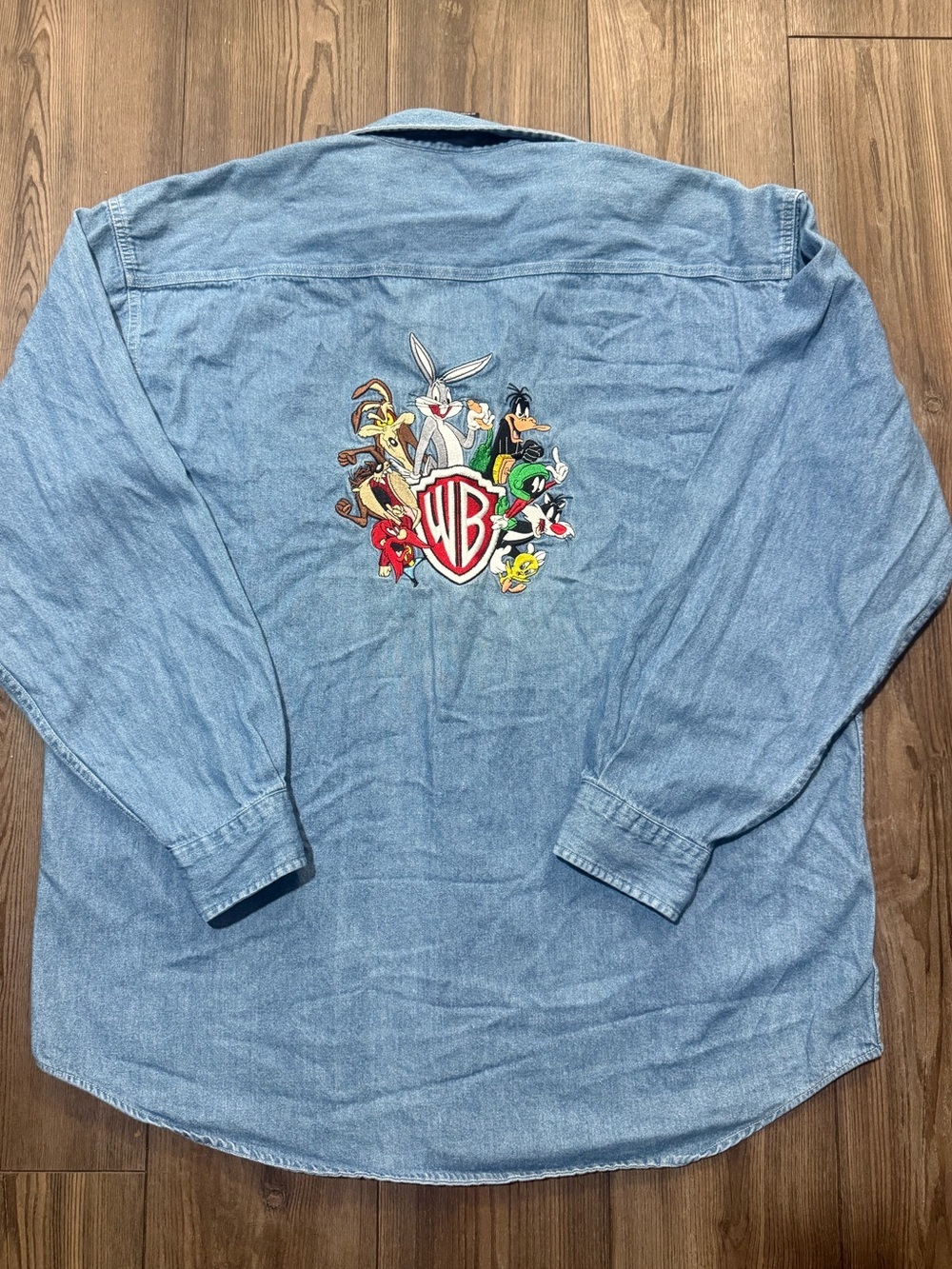 Vintage 90s Looney Tunes Warner Bros Denim Button Up Shirt Mens XL